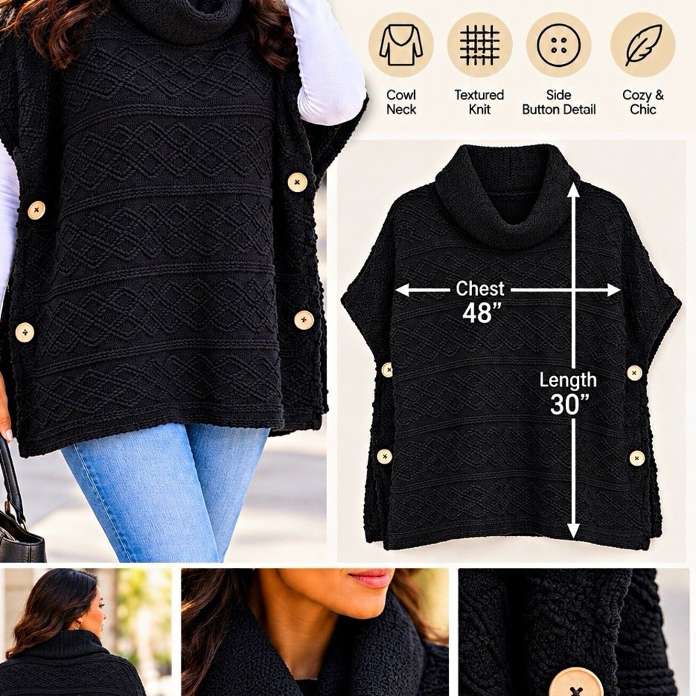 Love of Fashion Women's 14 Black Cowl Neck Textured Knit Poncho Sweater Buttons